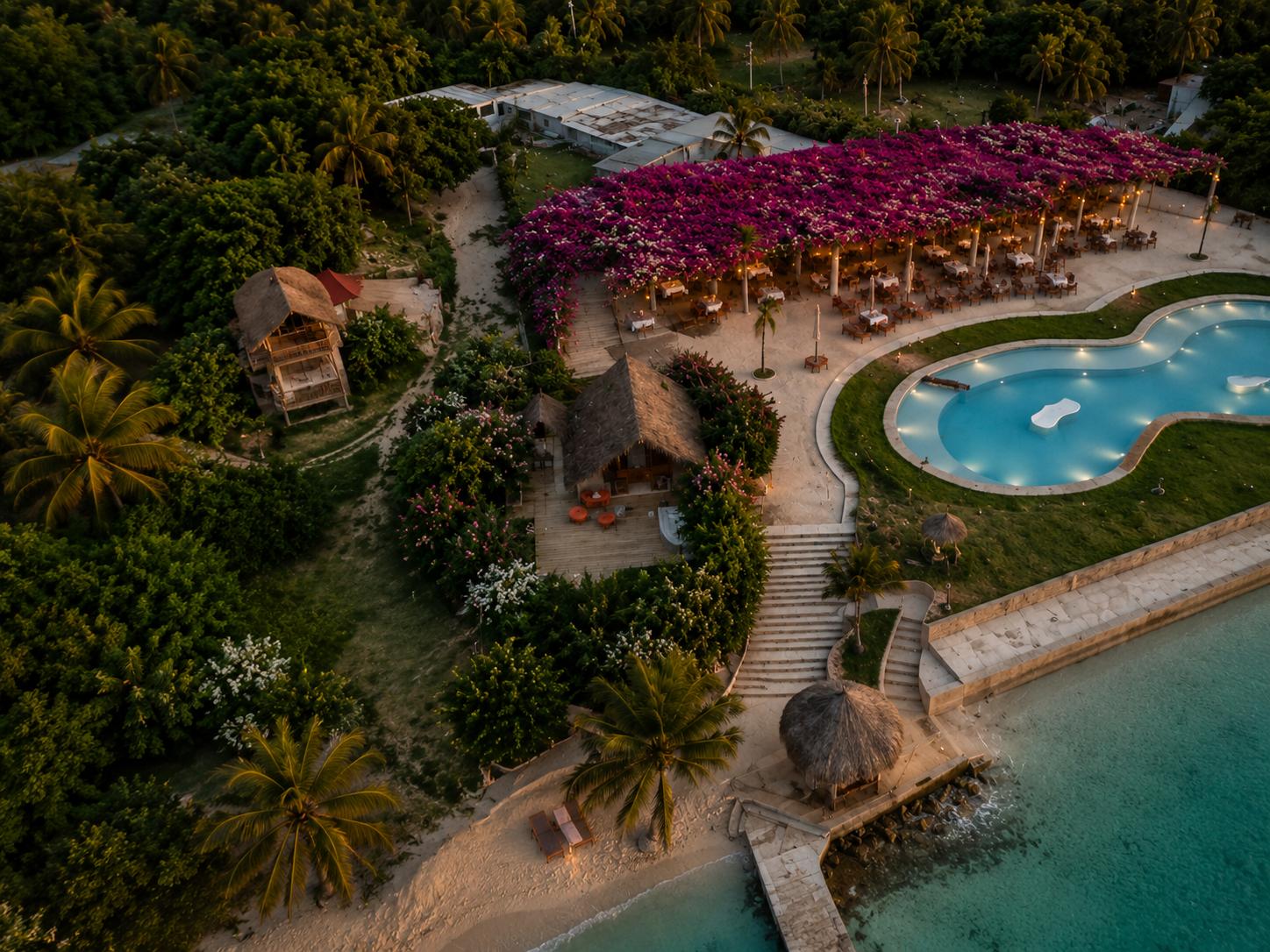 Aerial view of the ANAHO estate at dusk — bougainvillea-covered dining terrace, pool and beach