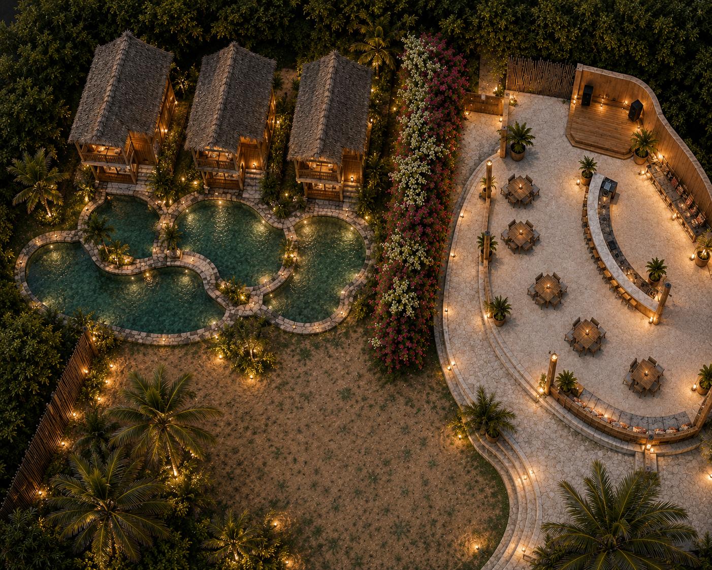 Night aerial of bungalows, lagoon pools and the candlelit events plaza