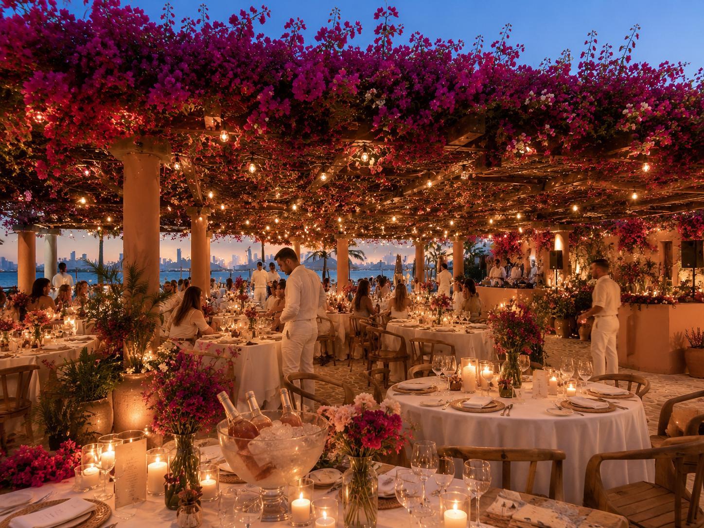 Dinner under a canopy of bougainvillea at dusk, candlelit tables facing the Cartagena skyline