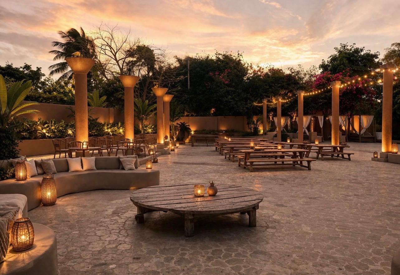 Fiji Sunset Lounge — candlelit stone courtyard with sculpted columns at golden hour
