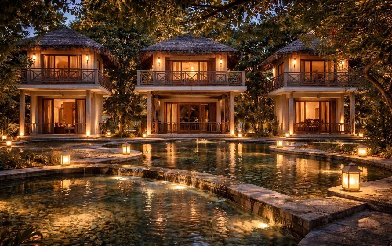 Thatched two-storey bungalows lit at night above lagoon pools
