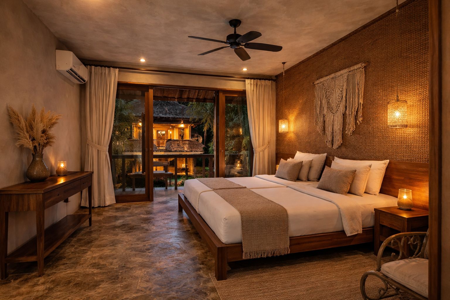 Suite interior with woven wall and linen bed at dusk